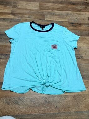 Joe Boxer Graphic Tee 2X Plus Size “Sorry Not Sorry” Aqua Blue Knot Front Tee